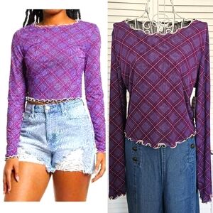 NWT BP Cropped Reversible Lettuce Edge Long Sleeve Mesh Double Layer T-shirt L